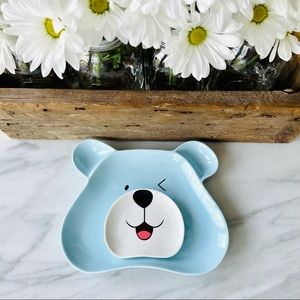 Vintage•2-Piece Child’s Teddy Bear Plate Set•Ceramic•Powder Blue Plate with Bowl